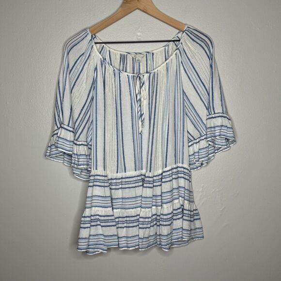 Cato Womens Blouse Large White Blue Gold Striped Boho‎ Ruffle Coastal Nautical - Picture 1 of 9